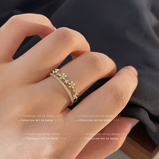 Elegant Double-Layer Flower Open Ring – Sparkling Adjustable Design